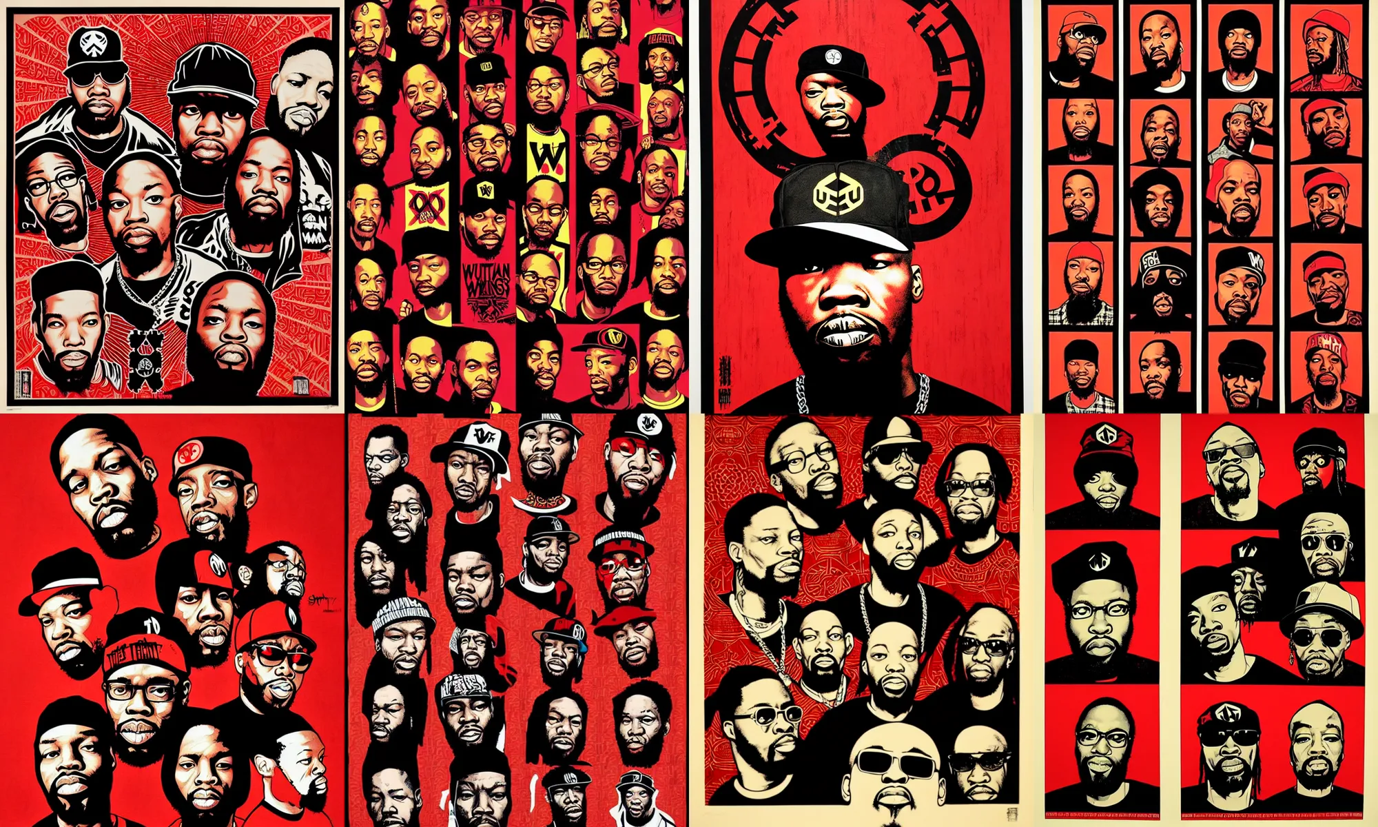 Image similar to portraits of wu tang clan by shepard fairey