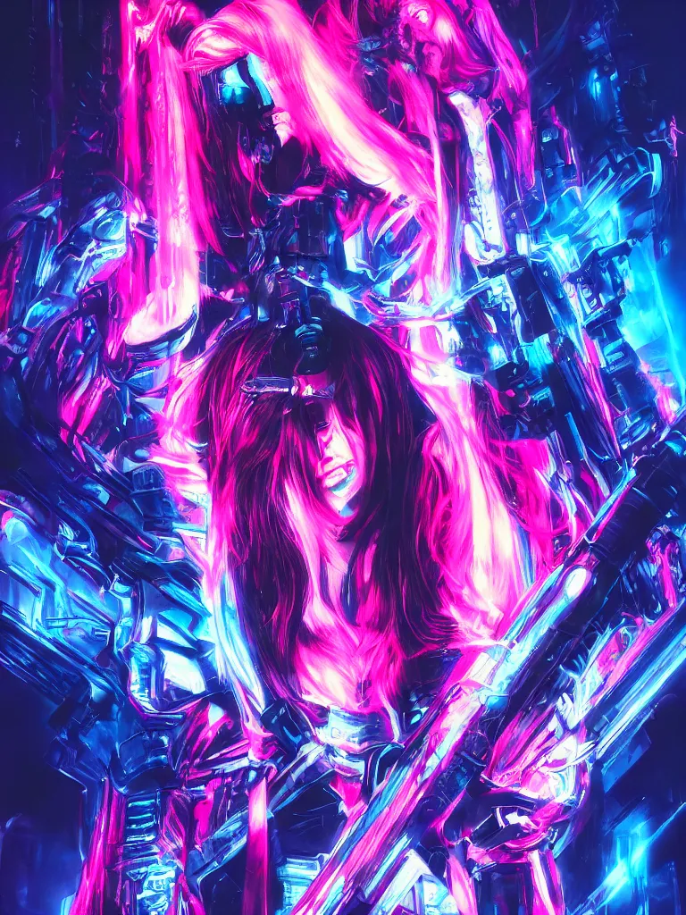 Prompt: portrait of angel with a fire sword, cyberpunk, glitchcore, synthwave art, detailed, masterpiece, trending on artstation, featured on pixiv, hd, 4 k, 8 k