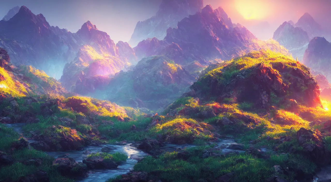 Prompt: a fntasy landscape with mountains, crystal castles and rivers, photorealism, volumetric lights, vibrant colors, greg rutkowski, 8 k, octane render