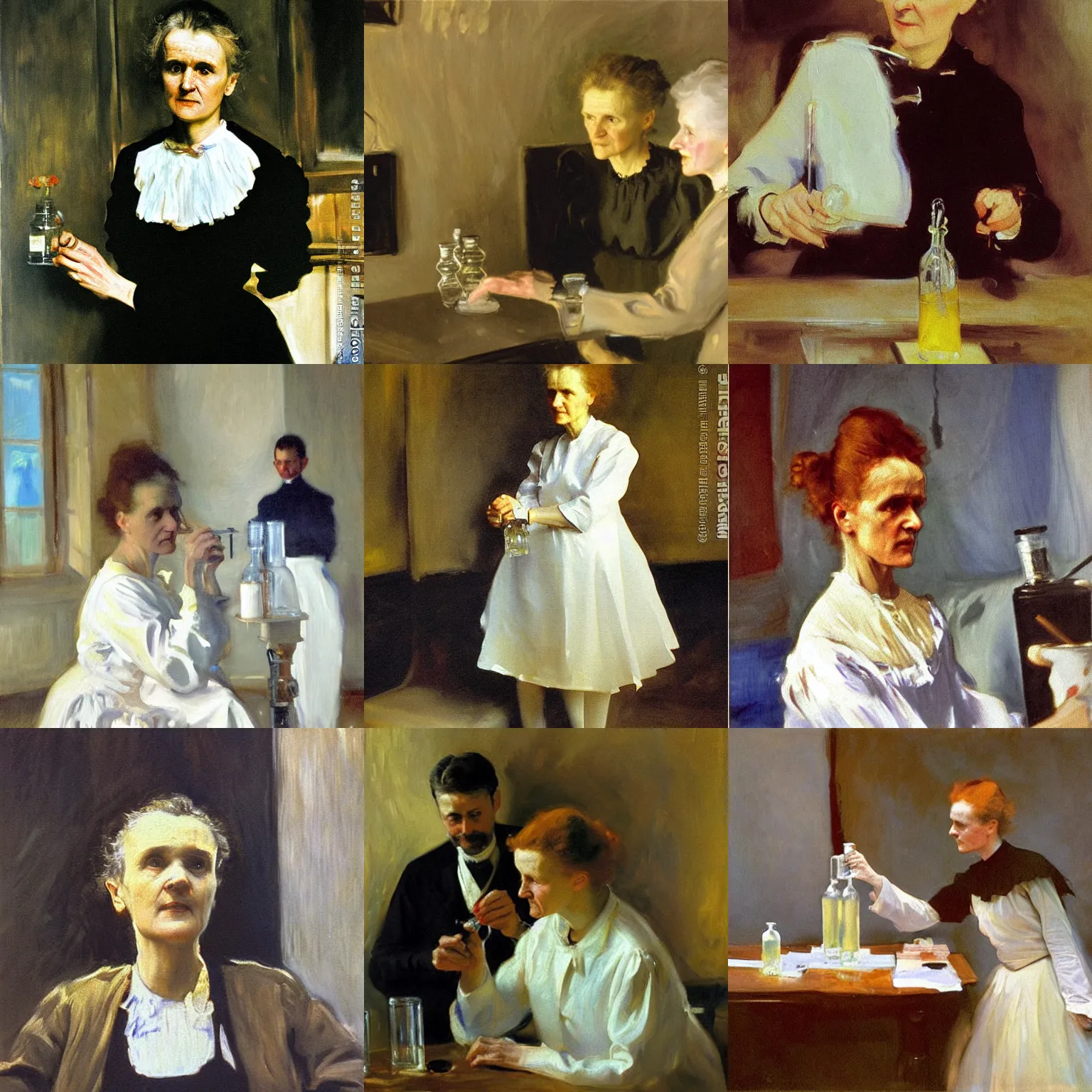 Prompt: marie curie chemistry experiment, john singer sargent, detailed oil on canvas painting