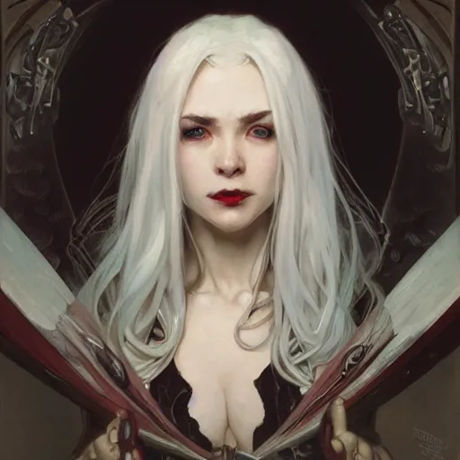Prompt: portrait of a vampire by Stanley Artgerm Lau , greg rutkowski, thomas kindkade, alphonse mucha, loish, norman rockwell, J. C. Leyendecker. bright white hair, pale skin, angry complexion. D&D, fantasy. Trending on artstation rule of thirds extremely detailed illustration hd 4k