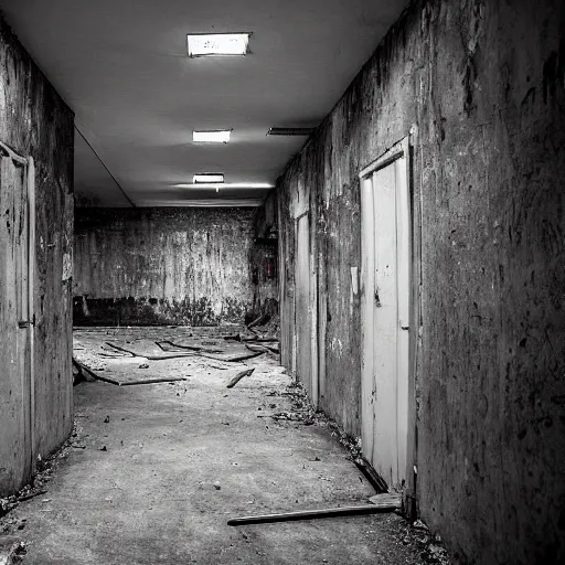 Prompt: the backrooms, the eerie forlorn atmosphere of a place that's usually bustling with people but is now abandoned and quiet, walls with a monochromatic tone of yellow, buzzing fluorescent lights, unsettling images