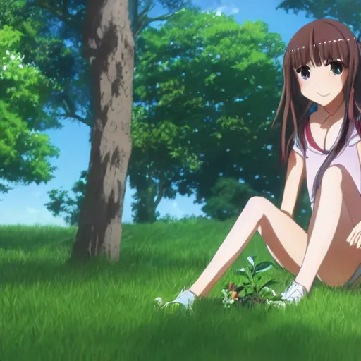 Prompt: photorealistic, a beautiful smiling anime girl with brown hair and high ponytail sitting under a tree, anime key visual, digital art, anime screenshot, kyoto animation, makoto shinkai, trending on pixiv