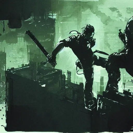 Prompt: solid snake fighting sam fisher by yoji shinkawa, concept art