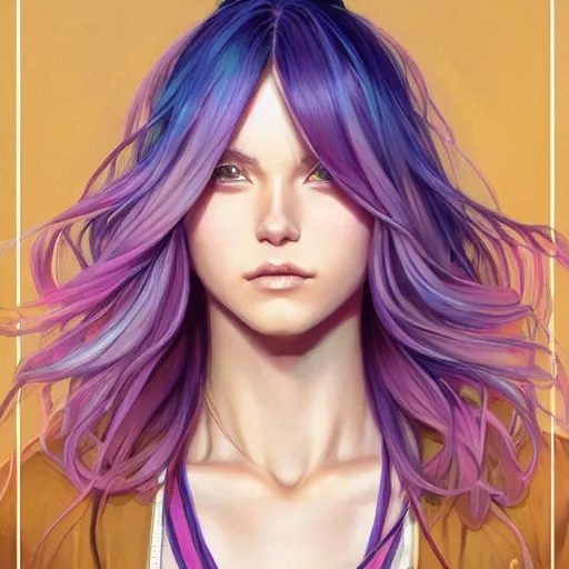 Image similar to portrait of beautiful symmetrical anime girl, rainbow hair, attractive, casual, modern, victoria's secret, highly detailed, digital painting, artstation, concept art, smooth, sharp focus, illustration, art by artgerm, greg rutkowski and alphonse mucha, 8 k,