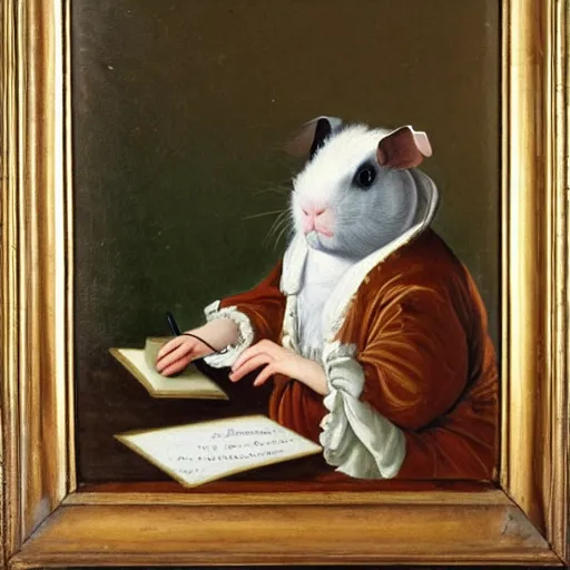 Image similar to a 1 8 th century painting of a guinea pig writing a letter, realistic oil paint