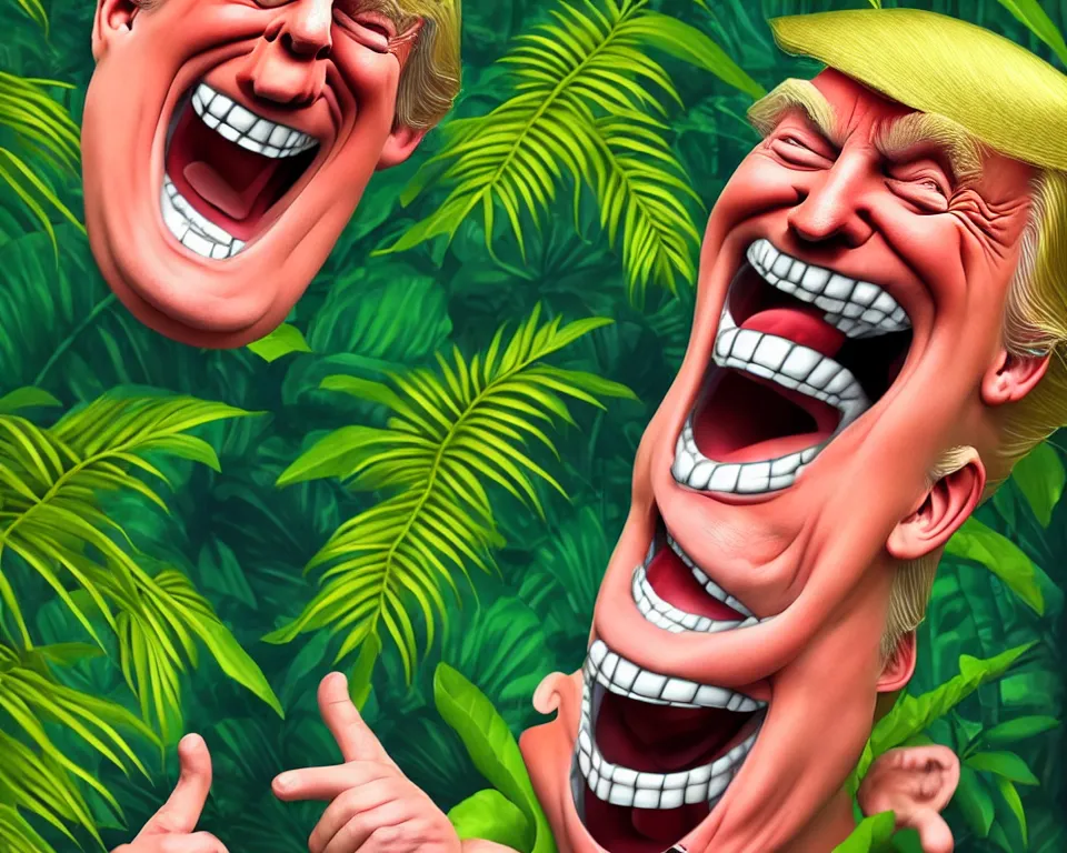 Image similar to trump laughing uncontrollably, romantic, enchanting, achingly beautiful, graphic print, trending on artstation, jungle, tropical, foliage.