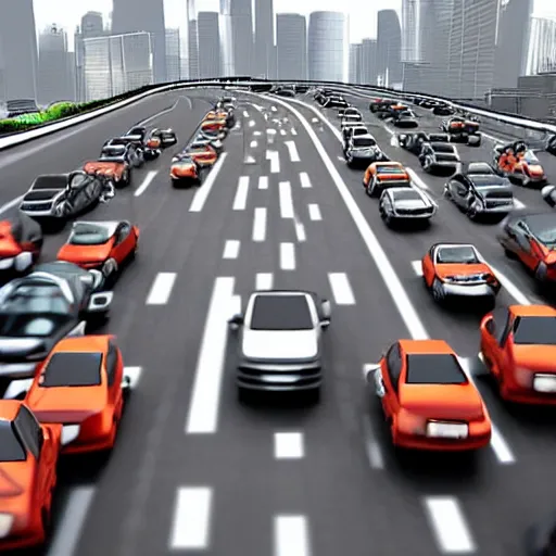 Image similar to very angry drivers on a traffic jam, futuristic city