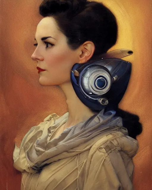 Prompt: head portrait of elegant space woman wearing monocle by norman rockwell, roberto ferri, daniel gerhartz, edd cartier, jack kirby, howard v brown, ruan jia, tom lovell, frank r paul, dean cornwell, astounding stories, amazing, fantasy, other worlds