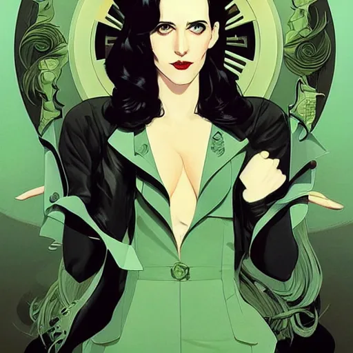 Prompt: Joshua Middleton comic art, wide shot, stunning elegant female Eva Green, spy, eye patch over left eye,beautiful evil smile, symmetrical face, symmetrical eyes, leather clothing, long straight green black hair, full body, Midnight pattern