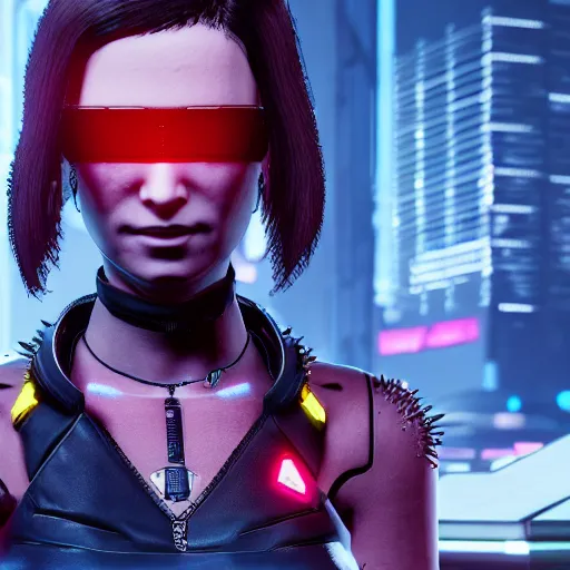 Prompt: female V from Cyberpunk 2077 wearing spiked black collar around neck, realistic, art, beautiful, 4K, HD, collar, choker, collar, choker,