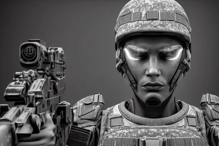 Image similar to still photo of a futuristic soldier looking at the camera in a battlefield, black and white color aesthetic, highly detailed, photorealistic portrait, bright studio setting, studio lighting, crisp quality and light reflections, unreal engine 5 quality render