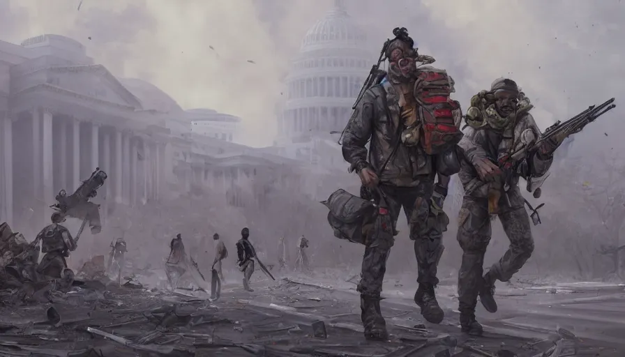 Image similar to survivor with rifle and bag pack crossing destroyed washington dc's streets with his two sons, destroyed museum, dirty streets, vegetation, wind, flying dust particles, cloudy sky, hyperdetailed, artstation, cgsociety, 8 k