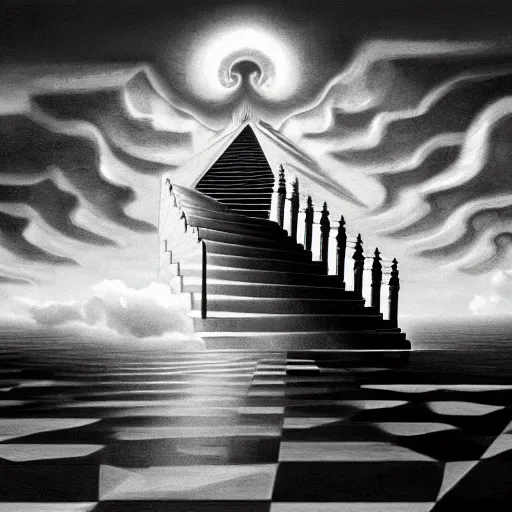 Image similar to A black and white freemasonic chequered surrealist digital painting of a stairway to into the clouds in the art style of jeff koons, Gilbert williams, Edwin Frederic Church and Christopher Balaskas, trending on artstation, 4k UHD