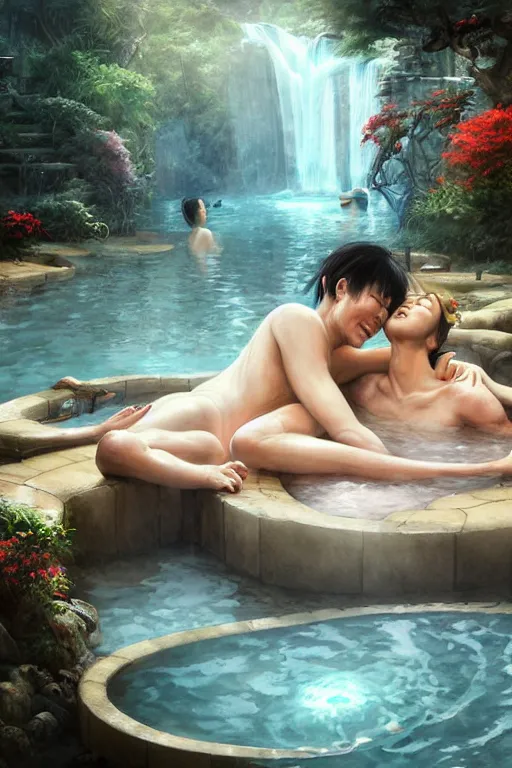 Image similar to a couple relaxing at an onsen hot spring, as drawn by artgerm, greg rutkowski, wide shot, digital artwork by karol bak and rhads, jason chan