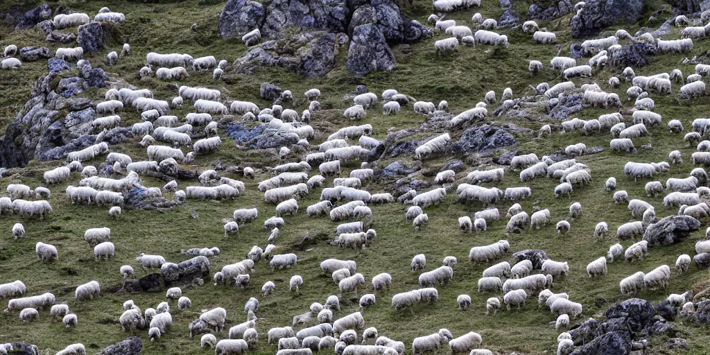 Prompt: hundreds of white sheep running fast in the direction of a cliff and we can see them falling down the rocks below to the sea, there is one single black sheep going against the crowd, old colored sketching, lateral sideways horizon wide shot