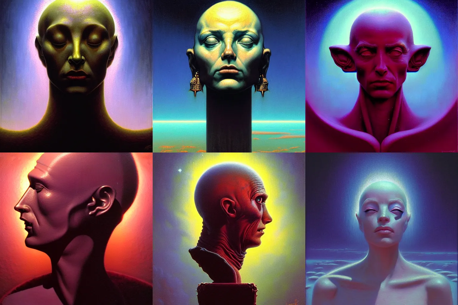 Prompt: cinematic bust portrait of elegant fantasy queen, head and bust only, by Tim Hildebrandt, by Wayne Barlowe, by Bruce Pennington, by Zdzisław Beksiński, by Paul Lehr, oil on canvas, masterpiece, trending on artstation, featured on pixiv, cinematic composition, astrophotography, dramatic pose, beautiful lighting, sharp, details, details, details, hyper-detailed, no frames, HD, HDR, 4K, 8K