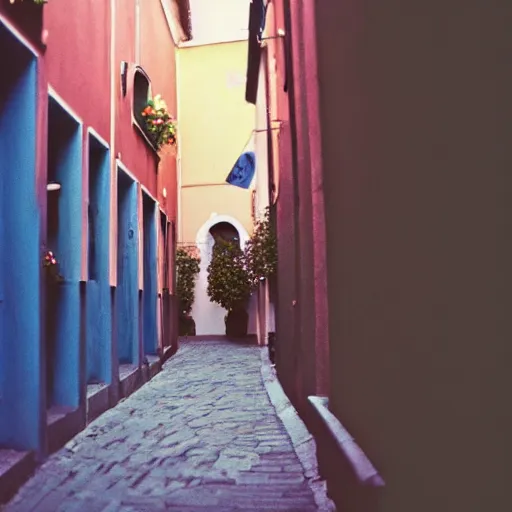 Prompt: kodak portra 8 0 0, flickr photograph view of a calm hallway street street with blue roses!! blue flowers! in downtown neo - venezia in a dreamy afternoon, a corner shop can be seen selling flowers! flower shop!!!