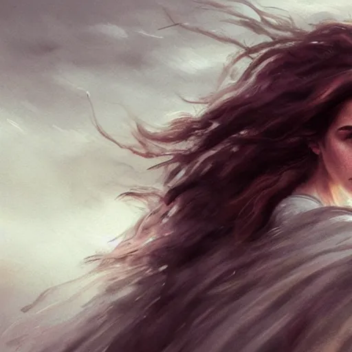 Image similar to portrait of emma watson, her hair waving in the wind, greg rutkowski