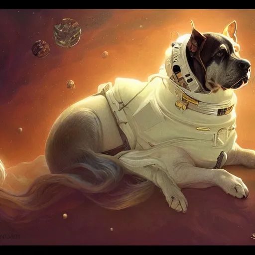 Image similar to Portrait of dog in space, dark fantasy, intricate, elegant, highly detailed, digital painting, artstation, concept art, smooth, sharp focus, illustration, art by Sam Youn and Fernanda Suarez and Artem Demura and alphonse mucha