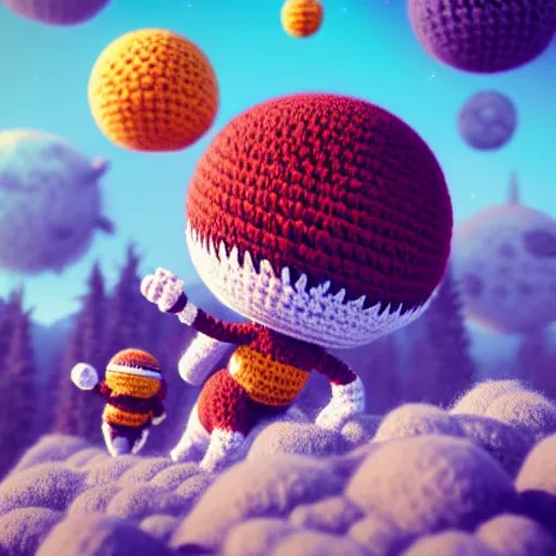 Image similar to an expedition of crochet astronauts discovering a new fluffy planet made out of yarn. cute, illustration, digital art, inspired by little big planet, by greg rutkowski, detailed, sharp, masterpiece, highly detailed, photorealistic, octane render, 8 k, unreal engine 5, trending on artstation