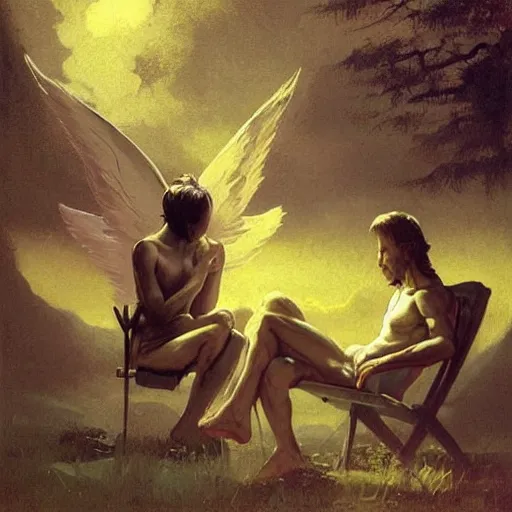 Image similar to an Angel and a demon sitting on lawn chairs having a conversation across from each other in an other wise empty black void. John Harris. Frazetta. Sylvain Sarrailh