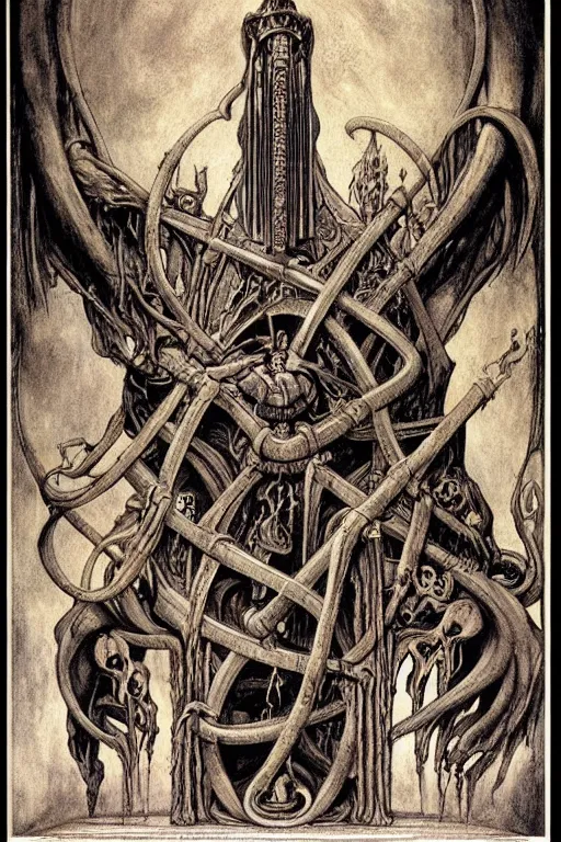 Image similar to occult diagram of a twisted evil pipe organ in the style of wayne barlowe, gustav moreau, goward, Gaston Bussiere and roberto ferri, santiago caruso, ((jose gabriel alegria sabogal)), composition by austin osman spare!