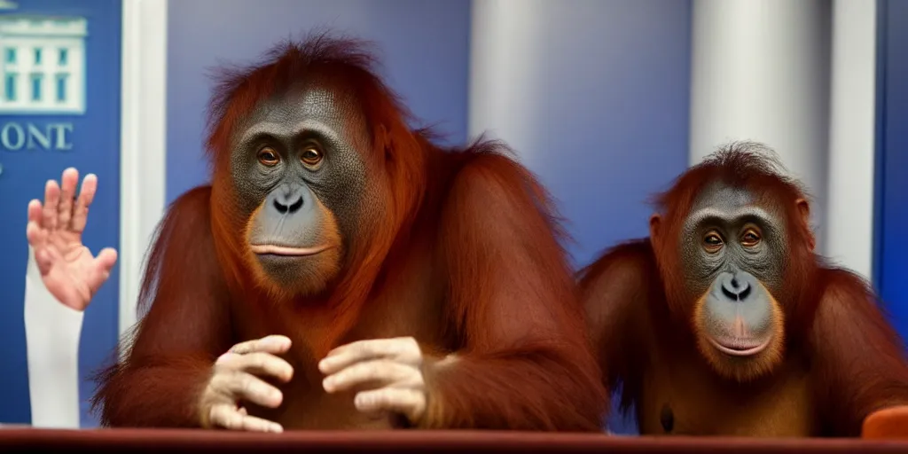 Image similar to an orangutan in the white house giving a press conference, high quality image