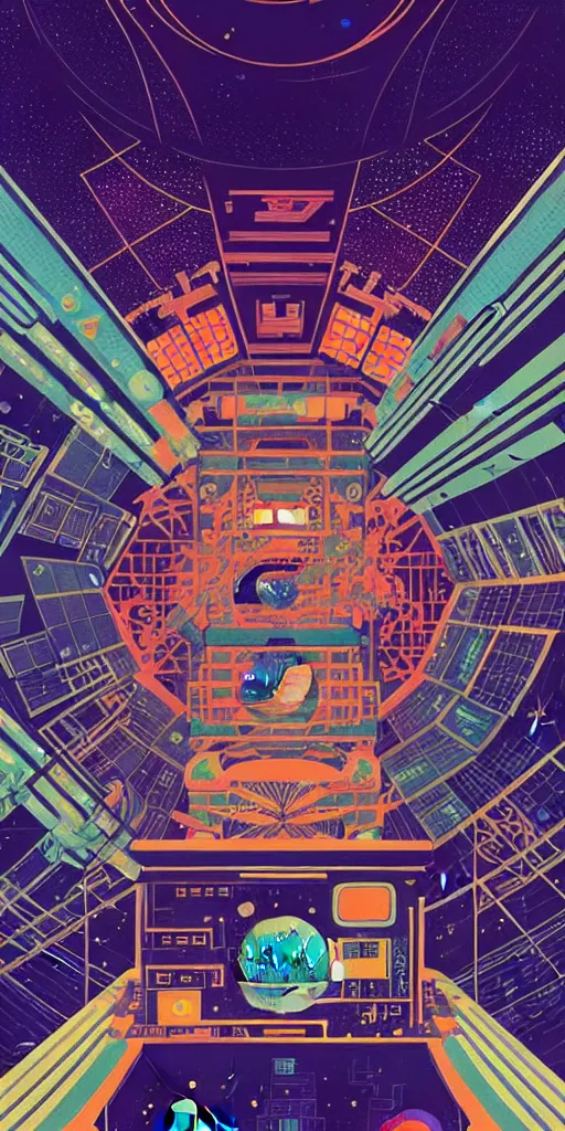 Image similar to the interior of an international space station filled with electronic equipment, ancient futuristic japanese temple, poster art by victo ngai, ori toor, kilian eng behance contest winner, crystal cubism, poster art, cubism, tarot card, psychedelic art, concert poster, poster art, maximalist