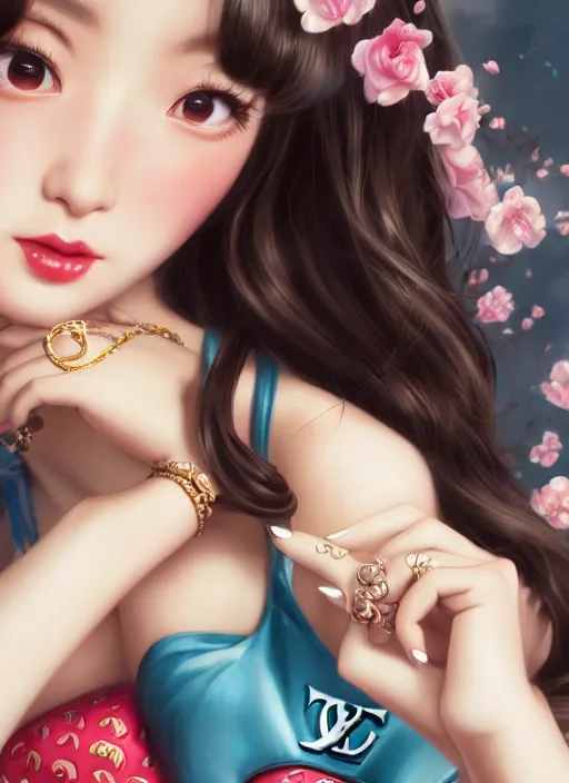 Image similar to a pin up and beautiful fashion dreamlke japan girl with lv jewelry, character art, art by artgerm, wlop, loish, hyperdetailed, 8 k realistic, symmetrical, global illumination, radiant light, frostbite 3 engine, cryengine, dof, trending on artstation, digital art, chanel, dior, detailed background