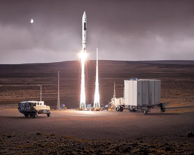 Prompt: landscape photography by marc adamus, artemis i moon rocket arrives at launch pad ahead of historic mission, dramatic lighting, clouds, beautiful