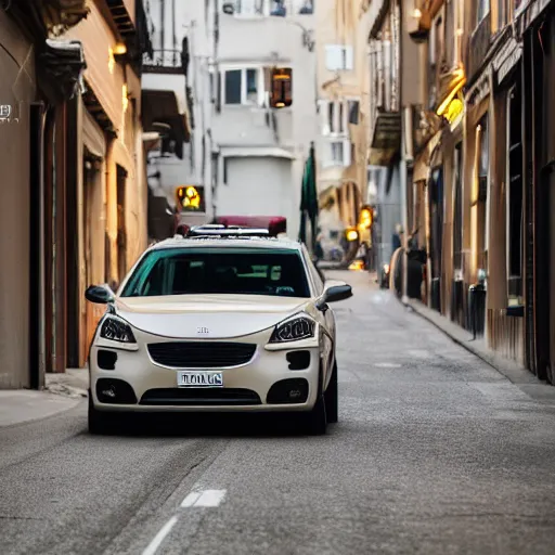 Image similar to a car bu driving down a street next to small buildings the night, XF IQ4, f/1.4, ISO 3200, 1/10s, 8K, RAW, unedited, symmetrical balance, in-frame, sharpened