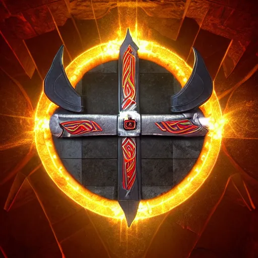 Image similar to symmetrical game - icon of giant medieval swords crossed, red powerful fantasy epic legends, game icon stylized, digital illustration radiating, a glowing aura, global illumination, ray tracing, 8 k high definition, intricate details, octane render, unreal engine, trending on arstation