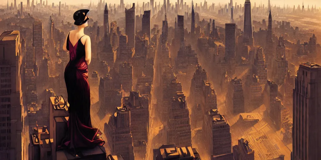 Image similar to a woman standing on a ledge overlooking an axonometric 1920s New York City at dawn, by Rolf Armstrong and Evelyn De Morgan and Bastien Lecouffe-Deharme, dramatic lighting, high contrast colors, baroque, empyrean, panoramic view, as trending on Artstation, highly detailed, cryengine,