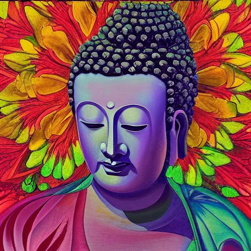 Prompt: “ buddha, at the moment of enlightenment, sitting in a psychedelic field of colorful flowers and water falls, portrait by paul bonner. oil on canvas. ”