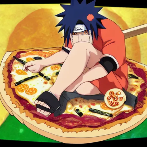 Image similar to naruto eating pizza for breakfast on luna, with dancing sandals, anime illustration, detailed