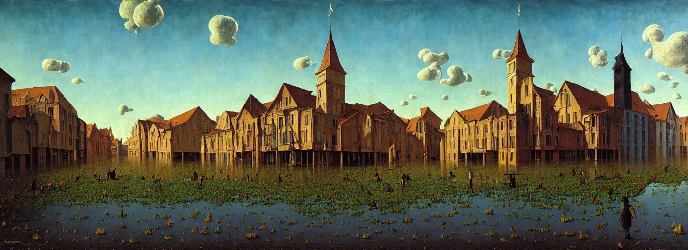 Image similar to flooded! old wooden empty cursed city square, very coherent and colorful high contrast masterpiece by franz sedlacek rene magritte gediminas pranckevicius norman rockwell, full - length view, dark shadows, sunny day, hard lighting, reference sheet white background