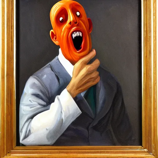 Image similar to horrified man screaming with open mouth and carrots protruding from his eyeballs, foggy atmosphere, oil painting