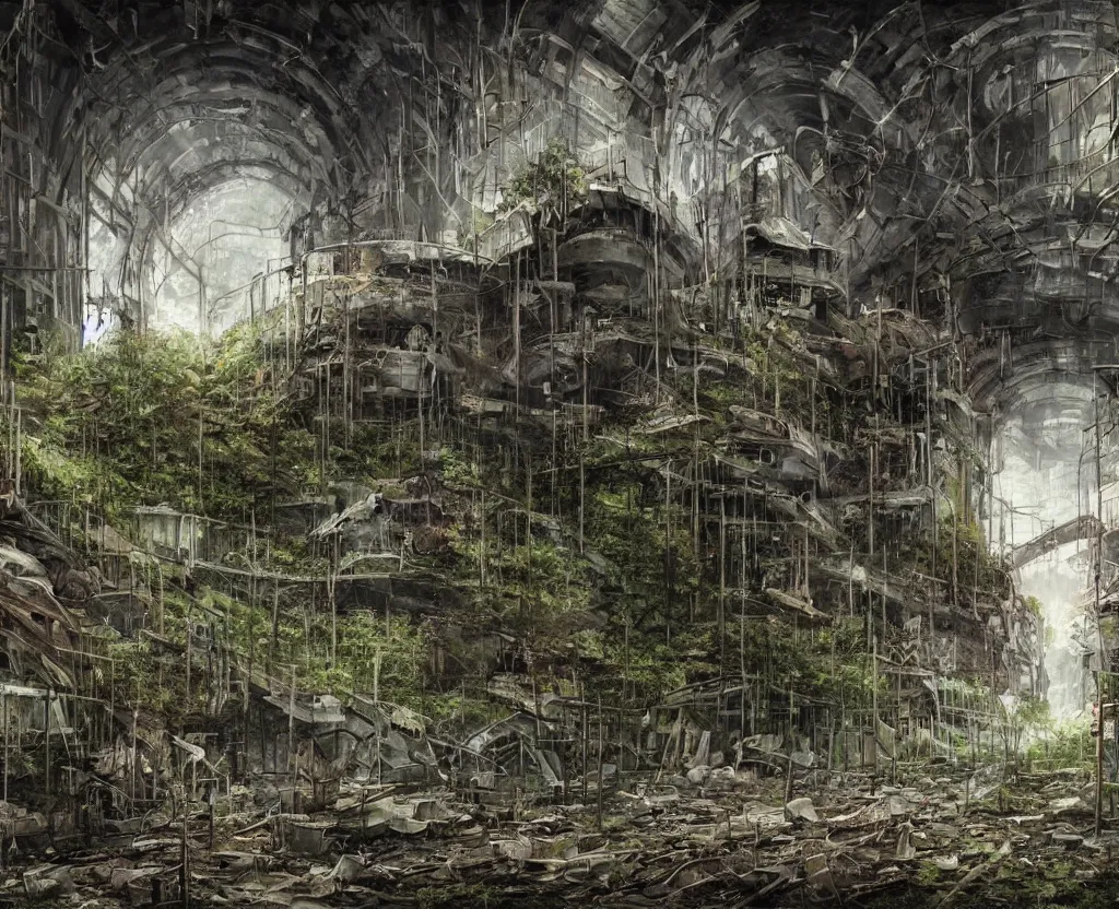 Image similar to a Dystopian painting of the abandoned and overgrown tunnels of an post-apocalyptic arcology