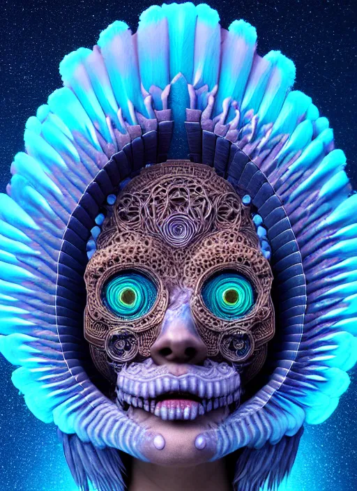 Image similar to 3 d goddess face portrait, sigma 5 0 0 mm f / 5. beautiful intricate highly detailed quetzalcoatl skull and feathers. bioluminescent, plasma, lava, ice, water, wind, creature, thunderstorm! artwork by tooth wu and wlop and beeple and greg rutkowski, 8 k trending on artstation,