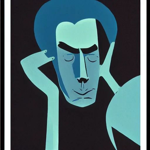 Prompt: matte portrait of a depressed man, by jack gaughan, minimalist illustration, blue color scheme