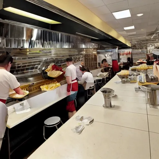 Image similar to busy wafflehouse interior with customers eating breakfast and wafflehouse employees serving food and cooking behind countertop