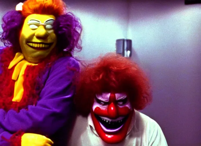 Image similar to film still of ronald mcdonald and grimace in a 1 9 8 0 s slasher movie