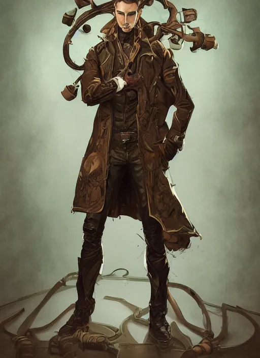 Image similar to a highly detailed illustration of thick wavy brown haired young white guy wearing brown detective trench coat and wearing dark green mask, with many long mechanical arms on his back, dramatic standing pose, intricate, elegant, highly detailed, centered, digital painting, artstation, concept art, smooth, sharp focus, league of legends concept art, WLOP