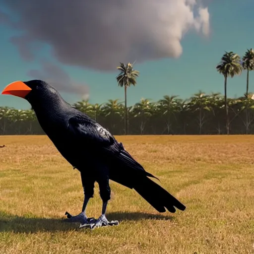 Image similar to a giant crow with a large straight black beak, photorealistic computer animation, film by Jon Favreau