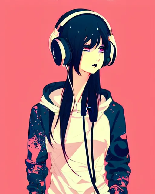 Image similar to girl wearing headphones, city background, very anime!!! anime!! intricate details, high contrast colors, poster background, art by conrad roset and ilya kuvshinov