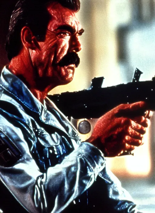 Prompt: film still of tom selleck as the terminator in the terminator, 4 k