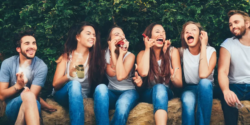 Prompt: photo of happy friends smoking