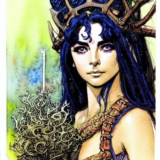 Prompt: a realistic and atmospheric watercolour fantasy character concept art portrait of young elizabeth taylor aged 2 1 as a druidic warrior wizard looking at the camera with an intelligent gaze by rebecca guay, michael kaluta, charles vess and jean moebius giraud