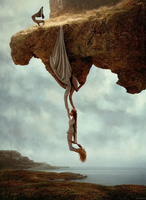 Image similar to action shot of Nicole Kidman hanging from a cliff face, Les Edwards, Zdzislaw Beksinski, Carl Gustav Carus, John Harris, Michal Karcz, Zhang Kechun, Mikko Lagerstedt, Scott Listfield, Steven Outram, Jessica Rossier